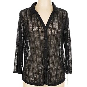 NWT Kenar Black Sheer Lace Long Sleeve V-Neck Button Up Blouse Size Large